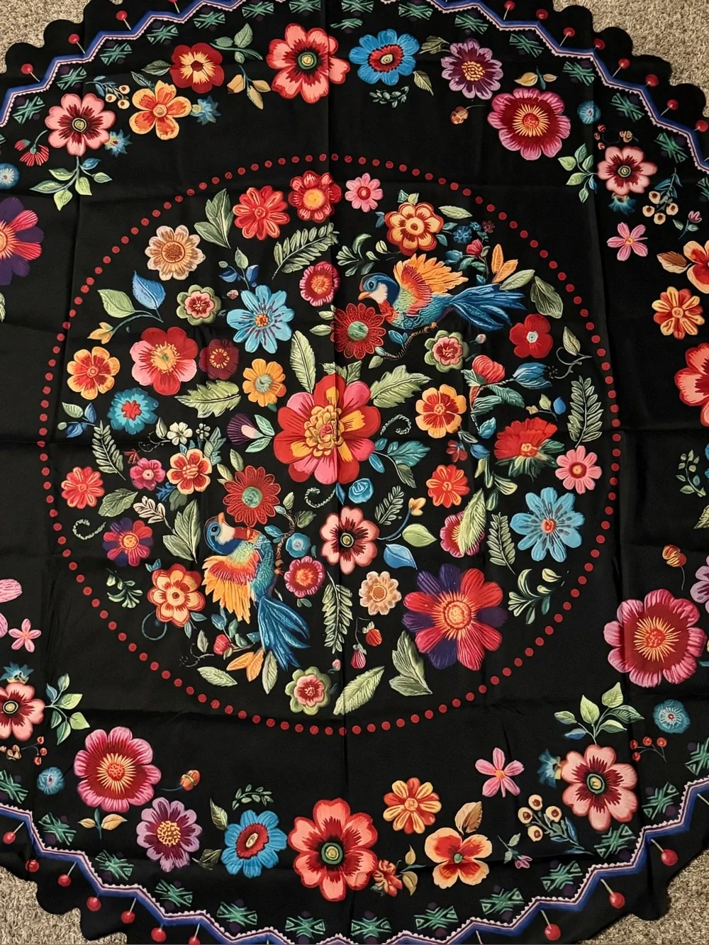 58”Round Black Floral Tablecloth with Multicolor Bloom Print